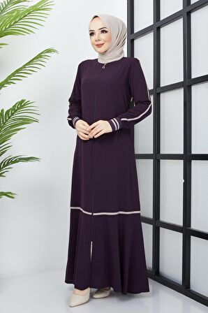 Çizgi Detaylı Mürdüm Ferace 